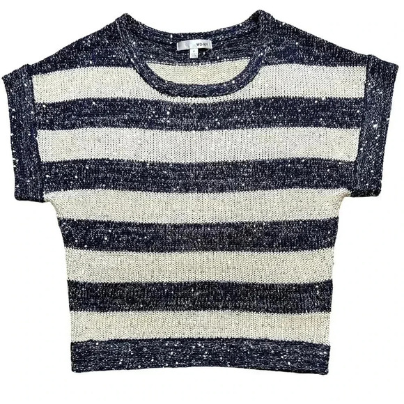 Sequinned striped knit short sleeve sweater, Medium, cream & blue Coastal Preppy - Picture 2 of 8
